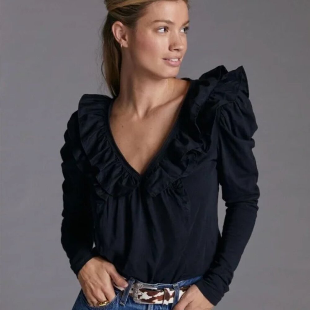 Anthropologie puff-shoulder long-sleeve ruffled v-neck top in black, size L